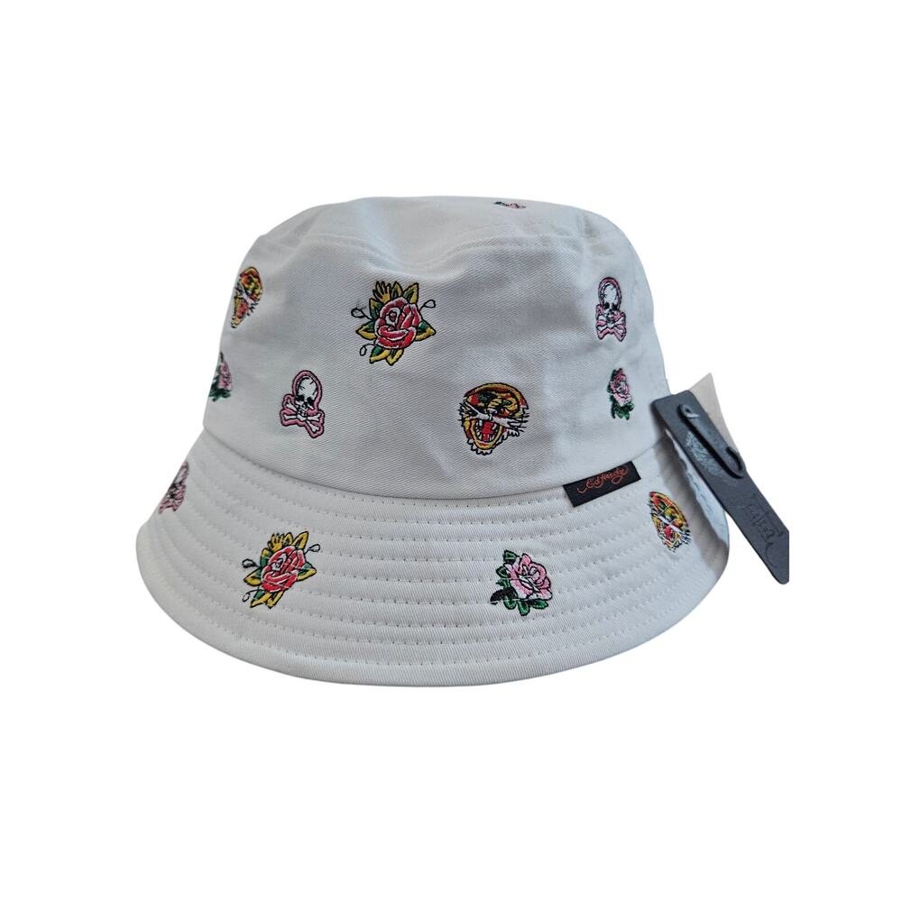 Ed Hardy White Bucket Hat with Multicolor Rose & Tattoo Embroideries